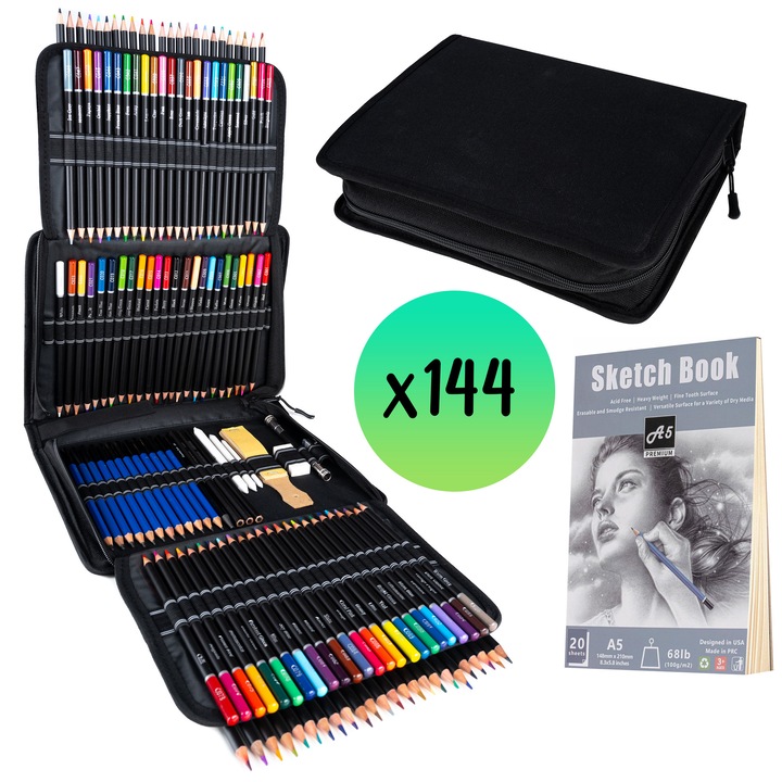 Set Desen Profesional CIUPIGo® 144 piese – creioane grafit si colorate, carbune, Accesorii, geanta practica cu caiet de schite 20 pagini A5