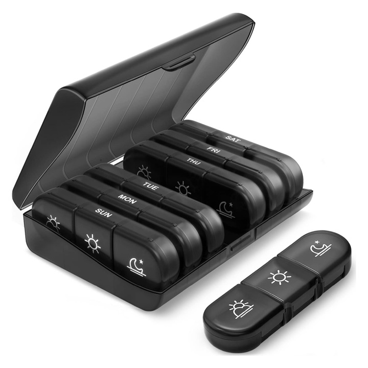 Organizator Medicamente Saptamanal SUPER TRENDS, 3 Compartimente pe Zi, Negru, 3.1x3.1x1.8cm