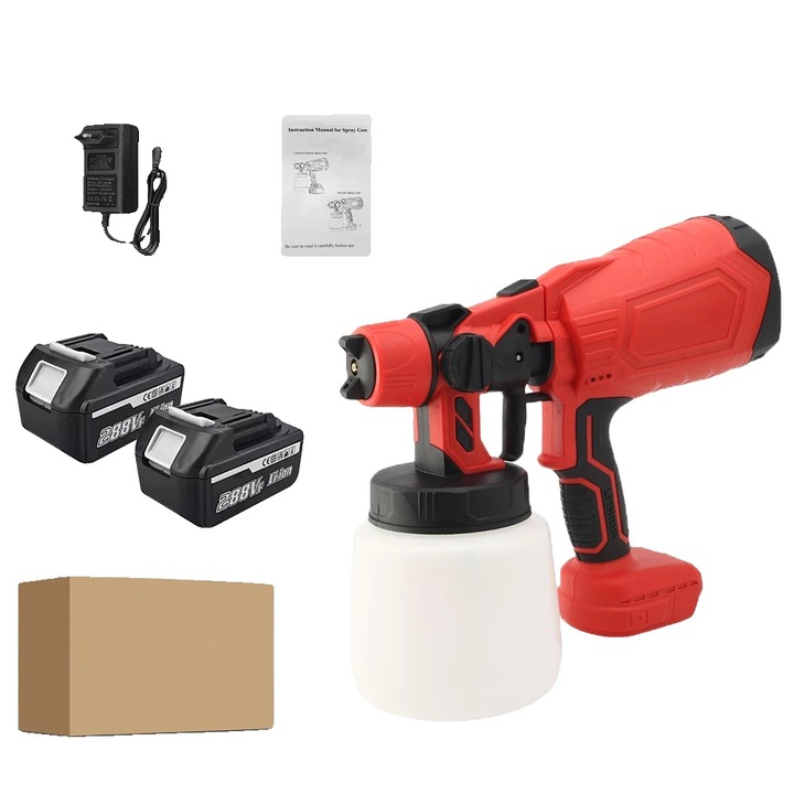 Pistol de vopsit HVLP, 210W, reglabil, rosu, 1000ml, set 2 baterii mari