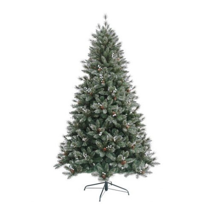 Brad artificial Dekortrend, Silvery, 2D+ace de pin, 150 cm, cu varfuri si conuri argintii, cu suport metalic inclus