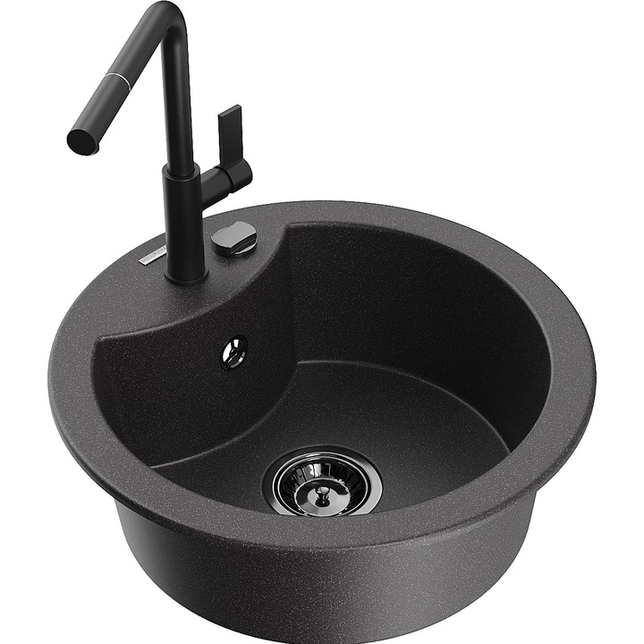 Chiuvetă de bucătărie Mexen Diego, granit, 1 compartiment, negru cu picatele, set, 488x157mm