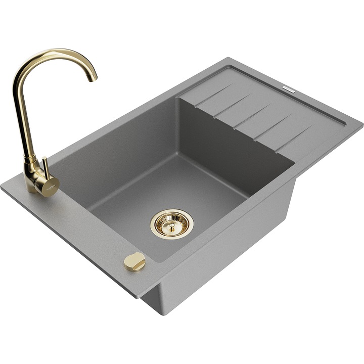 Chiuvetă de bucătărie Mexen Elias, cu un compartiment, picurator, gri, 795x480mm, set, baterie Telma auriu