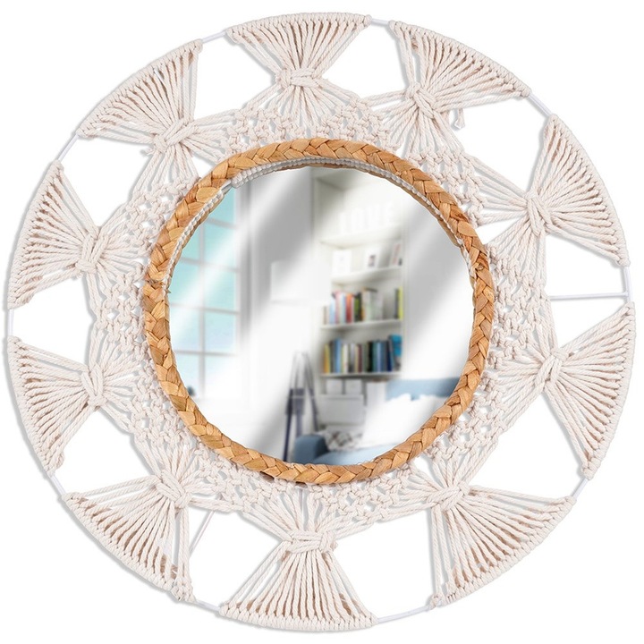 Oglinda De Perete, Home Styling Collection, 45x23x10 cm, Rama Din Sfoara De Bumbac, Forma Rotunda, Cadru Decorativ Asemanator Macrameului, Reflectare Clara Si Preciza A Imaginii, Crem/Bej