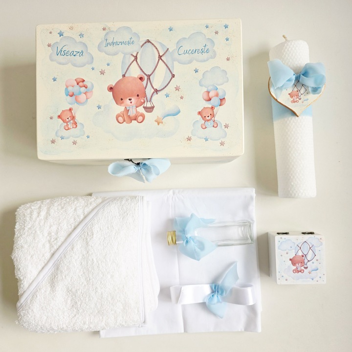 Trusou botez set Ursulet si balon cu aer cald, albastru, 30x20x14cm, pentru baieti