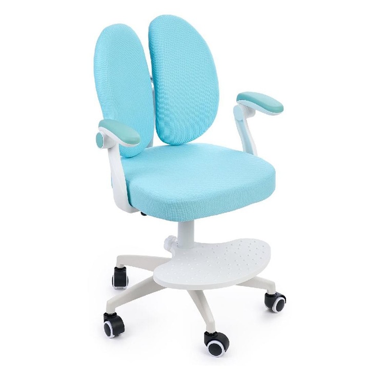 Onuvio® állítható ergonomikus szék általános iskolai tantermekbe - a helyes üléshelyzet megtanítása az íróasztalnál, lábtartó, összecsukható fogantyúk, kopás-, szennyeződés- és folyadékálló anyag, önzáró görgőkkel - kék színű
