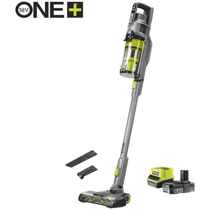 Aspirator vertical 3 in 1 pe acumulator 18V RYOBI ONE+ RSVS18-1C20G, fara sac, perie 24 cm, putere aspirare 30 AW, design autoportant, debit aer 820 l/min, filtrare ciclonica dubla, contine: incarcator + acumulator 18 V 2.0 Ah