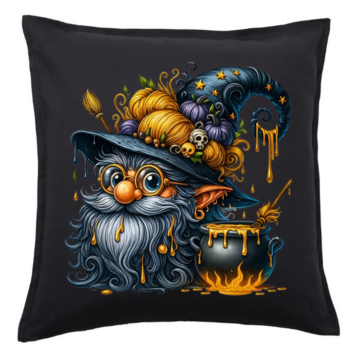 Fata de perna Halloween vrajitor barbos – negru 50x50 cm, grafica unicat, bumbac reciclat + umplutura inclusa