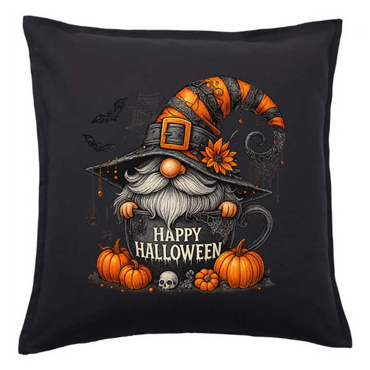 Fata de perna Halloween gnom cu dovleci – negru 50x50 cm, imprimeu unicat, bumbac reciclat