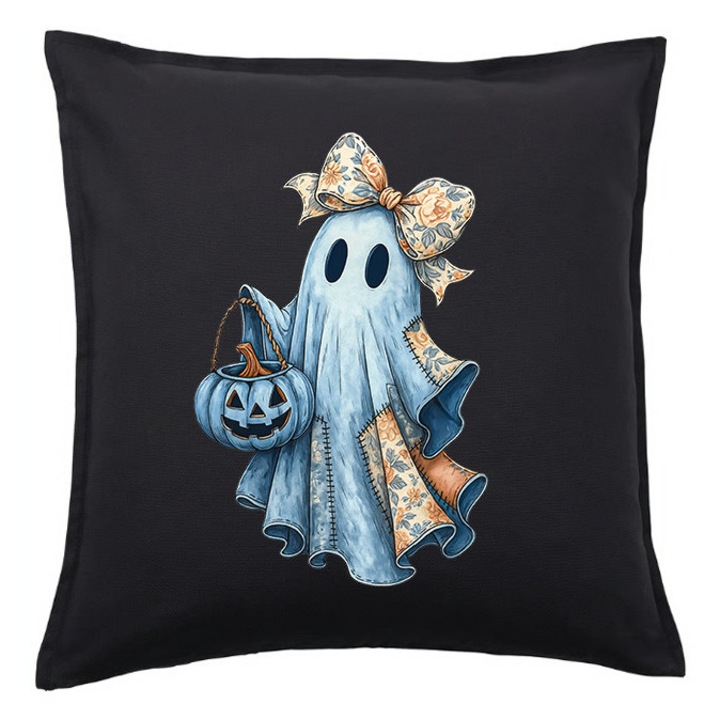 Fata de perna fantoma draguta Halloween – negru 50x50 cm, bumbac reciclat + perna interioara