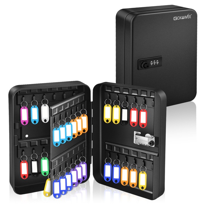 Метална кутия за ключове с цифров код, Goxawee, G5328, 50 цветни етикета за ключове, сигурна кутия за офис, магазин или дом, Черна