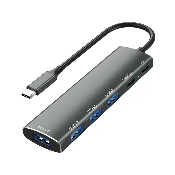 6 porturi USB HUB Multi interfata, 6 in 1, Aliaj de aluminiu, Adaptor splitter OTG pentru PC Notebook Laptop, Gri, inalta calitate