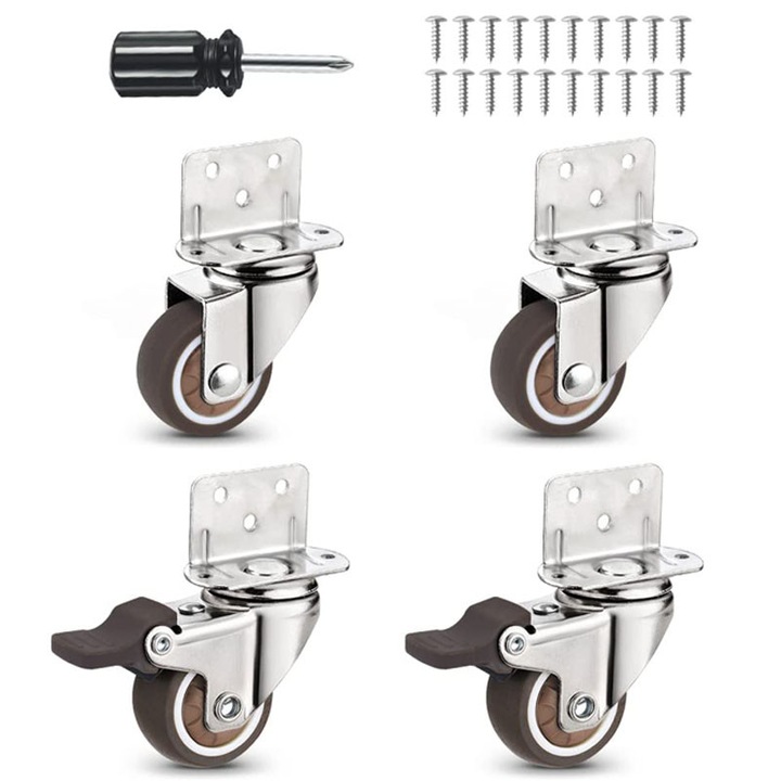 Set 4 roti L cu frana, Rqiurpn, Pentru mobila si ghivece de flori, Cauciuc TPR, 25x12mm, Capacitate 40kg, Negru/Argintiu