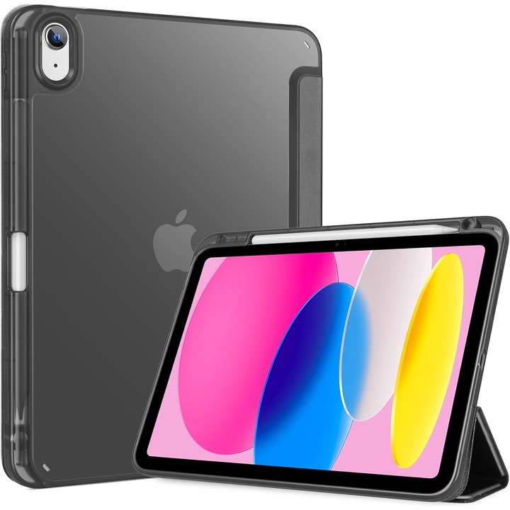 Husa Sigloo pentru tableta iPad 11" (Gen. 11, 2025) / iPad 10.9" (Gen. 10, 2022) – Tri-Fold Magnetic, Suport Stylus, Spate transparent– Negru