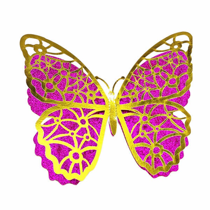 Fluturi dubli 3D roz cu auriu, set 12 decoratiuni