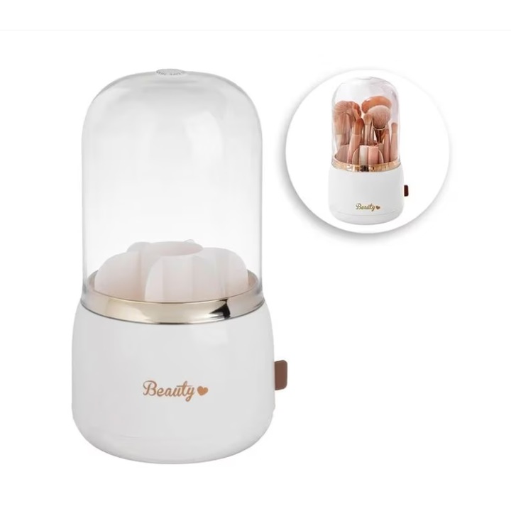 Поставка въртяща се на 360° за четки за грим, с прозрачен капак, премиум органайзер за козметика, 7 отделения, елегантен дизайн, кремав / златист цвят, Ø13.5x25 см