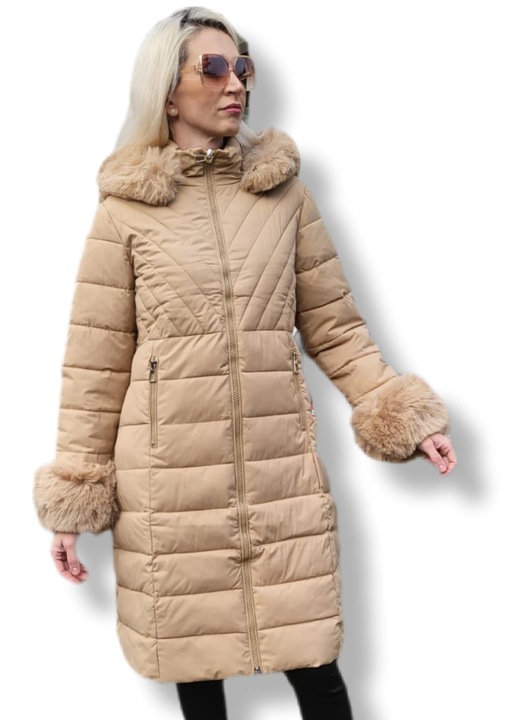 Geacă lungă damă matlasată cu blăniță artificială la glugă și mâneci, călduroasă, elegantă, model lung de iarnă, bej