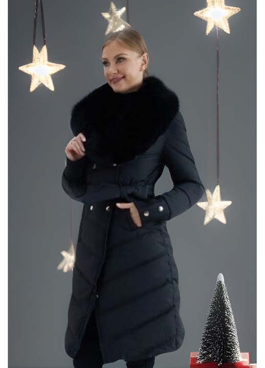 Női hosszú fekete steppelt kabát, nagyméretű műszőrme gallérral és övvel a deréknál, Fekete