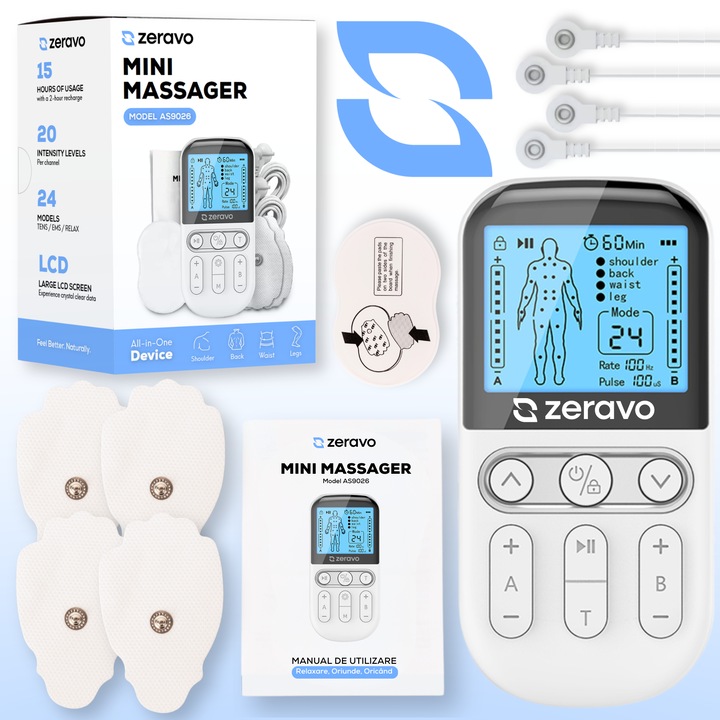 Aparat de Masaj cu Electrostimulare Profesional Zeravo®, Aparat de Masaj Portabil Pentru Fizioterapie, Electroterapie, Aparat Recuperare Musculara, Ameliorare Dureri, 24 Moduri, 20Trepte Intensitate, 4 Electrozi, Display Digital, Dispozitiv Masaj Electric