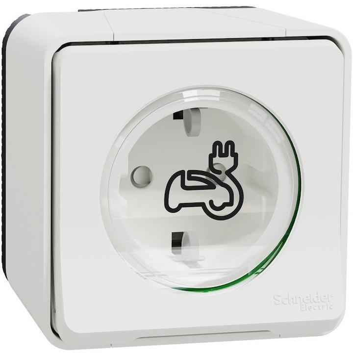 Подсилен Шуко контакт за зареждане на електромобили Schneider, 3.7kW, 16A, IP55, IK10, за открит монтаж, Бял цвят