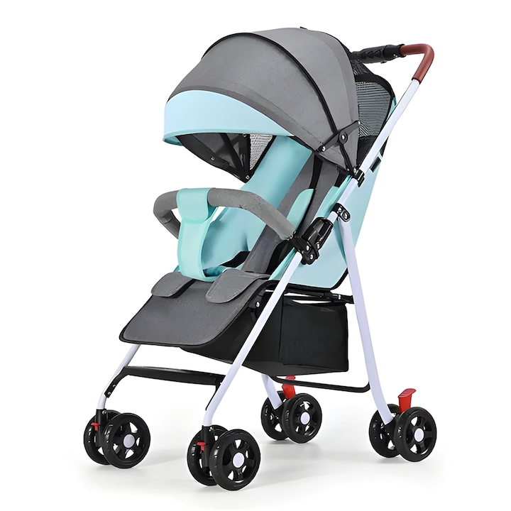 Бебешка количка Teno® Baby Sport, сгъваема, лесна за пренасяне, предпазен колан, регулируема седалка, просторна, кош за гърба, прибиращ се покрив, 12 кг, тюркоаз