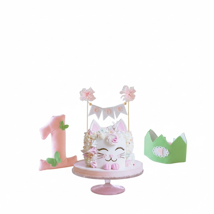 Set Complet Aniversar 1 An pentru Fetite, 4 Piese, Ghirlanda, Coronita, Topper Tort, Cifra 3D, Fetru, 50cm x 20cm