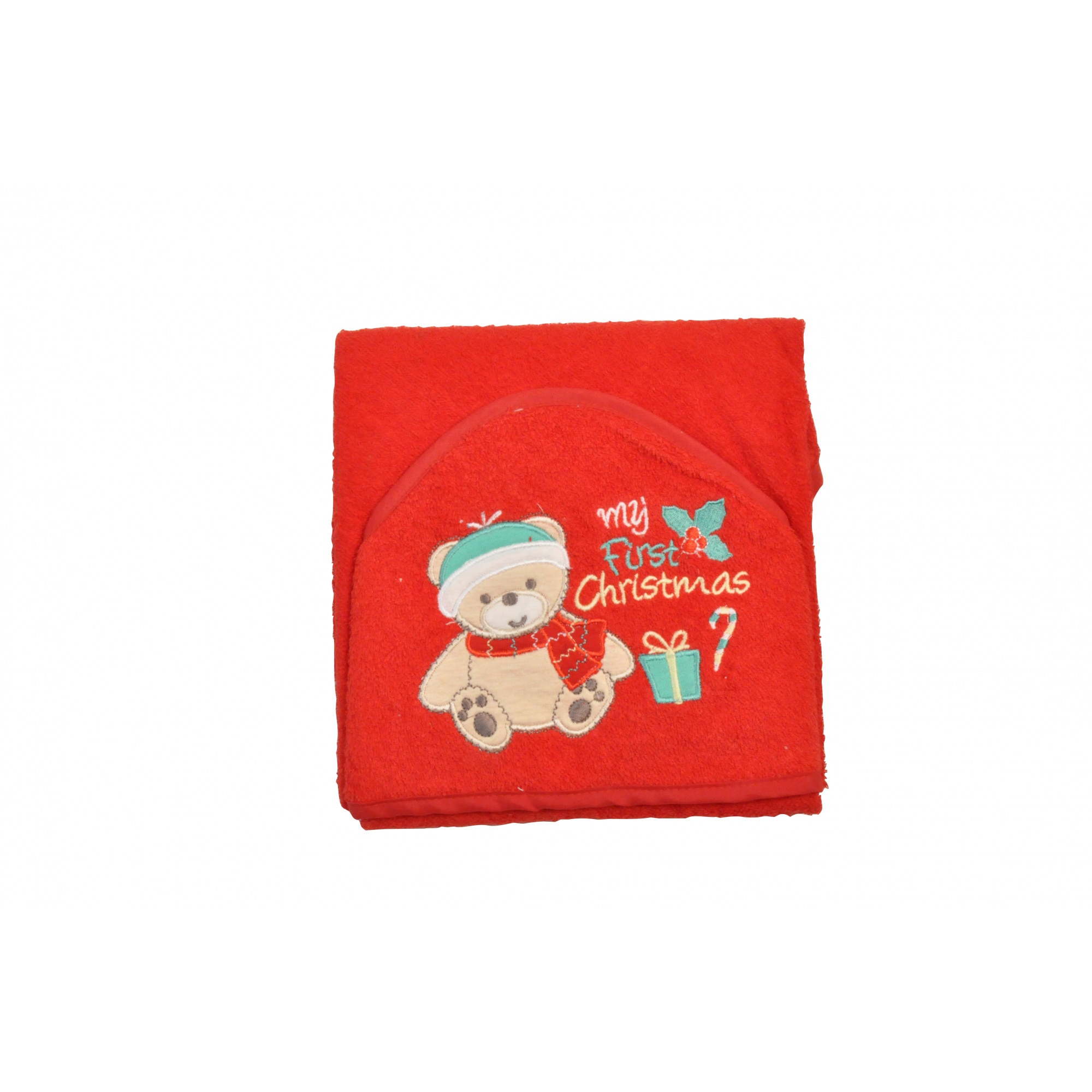 Prosop cu capison King Bear motiv Craciun cu model ursulet si mesaj My First Christmas, 75 x 75cm, 100% bumbac