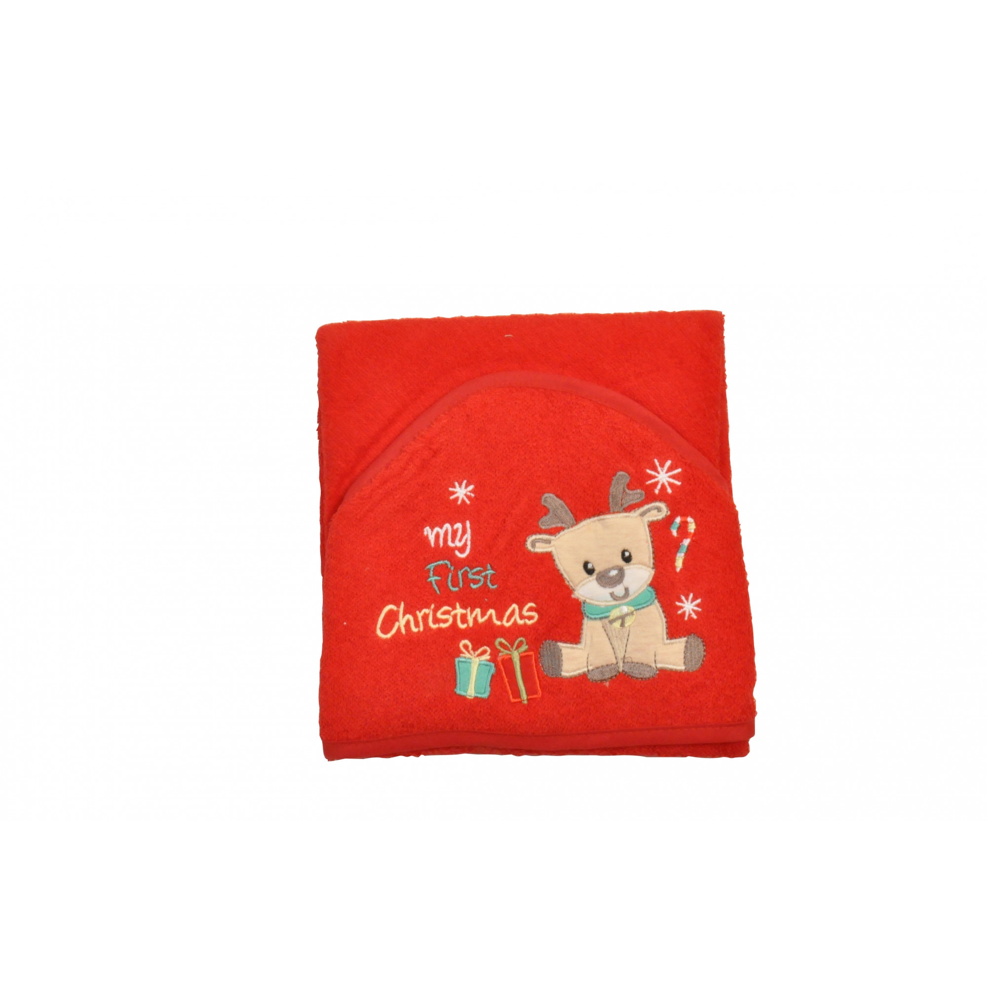 Prosop cu capison King Bear motiv Craciun cu model ren si mesaj My First Christmas, 75 x 75cm, 100% bumbac
