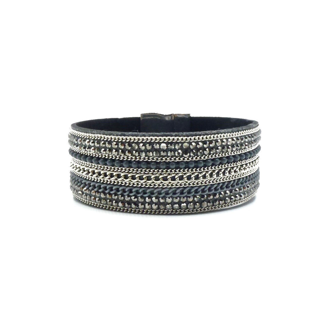 Bratara fashion Luxor Gioielli gri lata din curele decorate cu strasuri