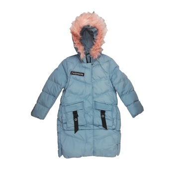 Geaca fas, bleu, cu blana gluga roz, pentru fete Geaca fas, bleu, cu blana gluga roz, pentru fete