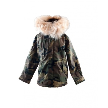 Geaca din tercot, tip parka, culoare army, cu blana gluga culoare roz prafuit, pentru fete 8 ani Geaca din tercot, tip parka, culoare army, cu blana gluga culoare roz prafuit, pentru fete 8 ani