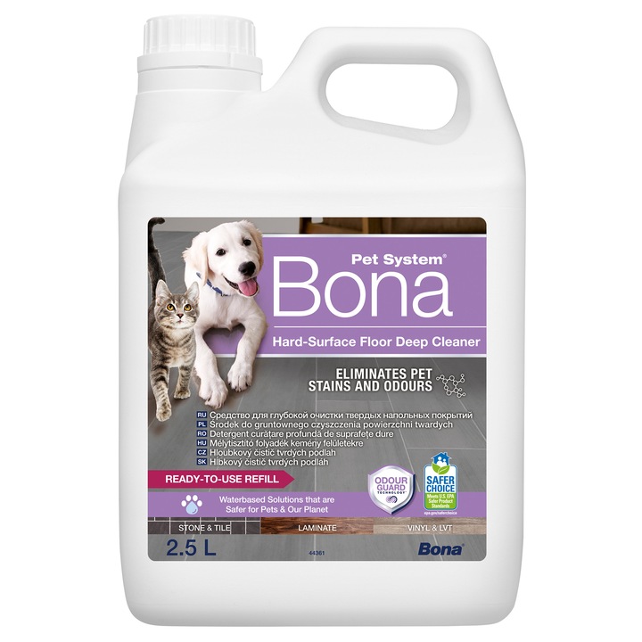 Detergent Bona PET System 2,5L pentru SPC, LVT, ceramica, laminat in case cu animale de companie, apa oxigenata, elimina si neutralizeaza mirosurile