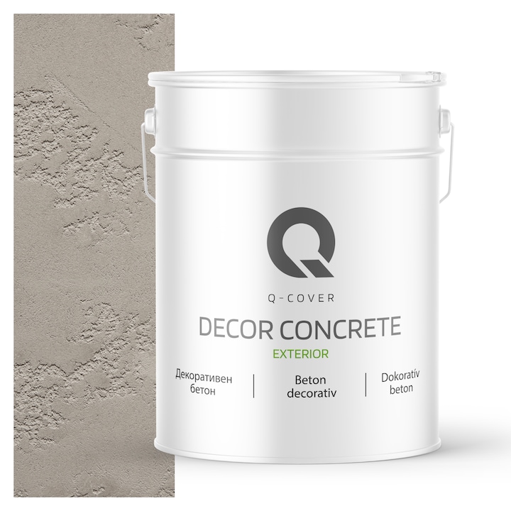 Beton decorativ pentru exterior, Q-COVER, Gri deschis F264, Gata de utilizare, Pe baza de dispersie acrilica si siliconica, Stabilitate a culorii, Rezistenta buna la socuri, zgariere, uzura, Durabilitate, Ornamental, 15KG