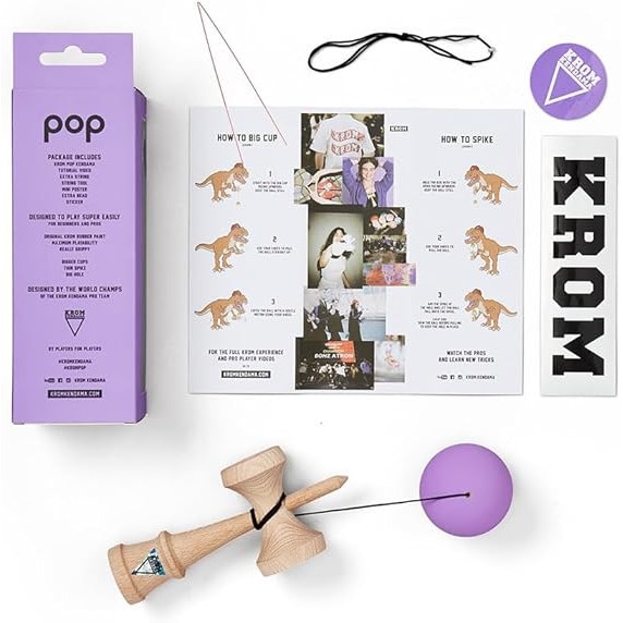 KROM Kendama POP In Legno Di Faggio – Gioco Di Abilità Per Tutti, Con Corda Di Ricambio E Adesivi (LOL Sticky Clear)