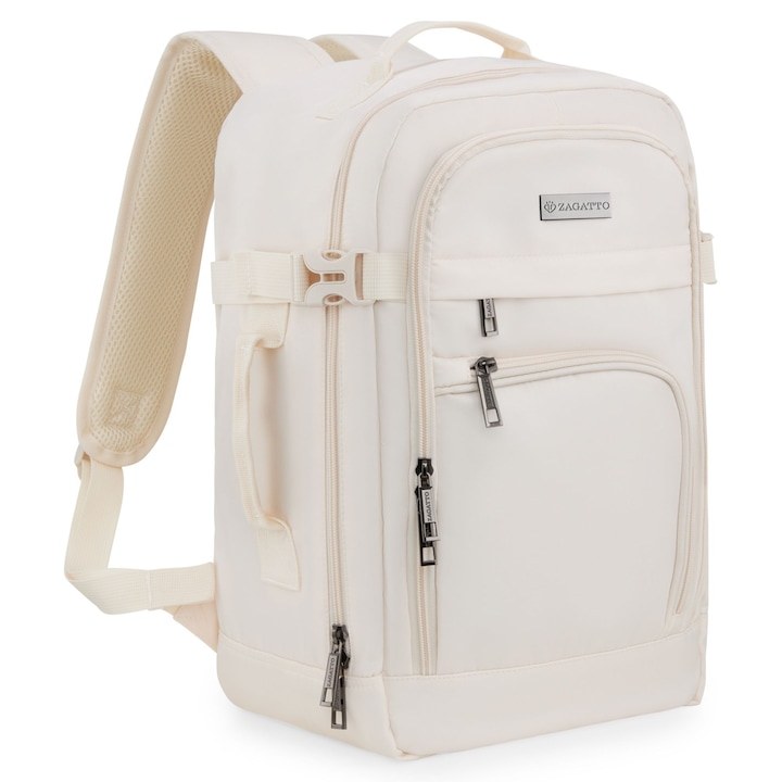 Раница за пътуване, Zagatto, Бежова, Ръчен багаж 40x20x25 см, Раница за самолет, Съвместима с Wizz Air, Ryanair, Компресионни презрамки, Прикрепяща се към куфар, Водоустойчива, Капацитет 20L, 10 кг, Отваряне на 90 градуса, ZG1036