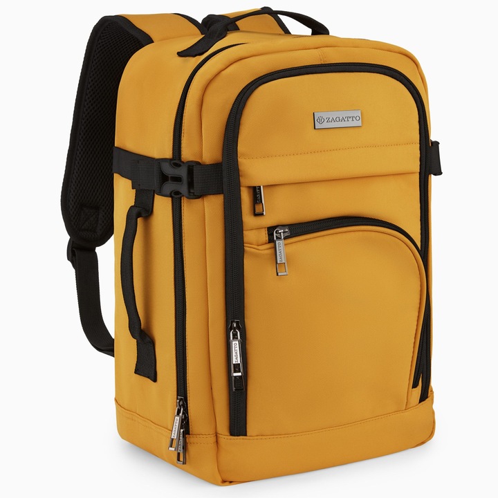 Раница за пътуване, Zagatto, Жълта / Горчица, Ръчен багаж 40x20x25 см, Водоустойчива, Капацитет 20л, 10 кг, Отваряне на 90 градуса, ZG1040