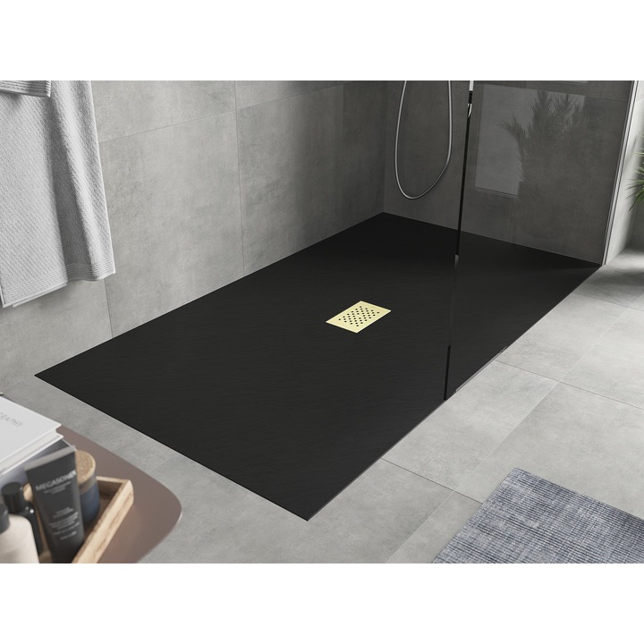 Cadita dus Mexen Hugo dreptunghiulara SMC 150x100cm, neagra, capac auriu