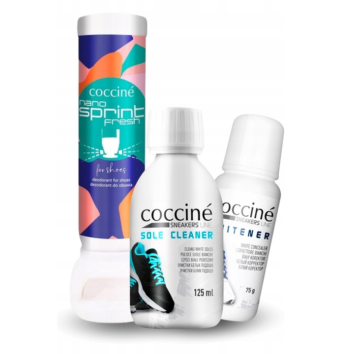 Set de ingrijire a incaltamintei, Coccine, Nano Sprint + Albitor + Solutie de curatare a talpilor, 75 ml + 100 ml + 125 ml, functie 3 in 1, deodorant, corector, fluid de curatare, alb, set de 3, material: lichid, pasta, spray, albire intensiva