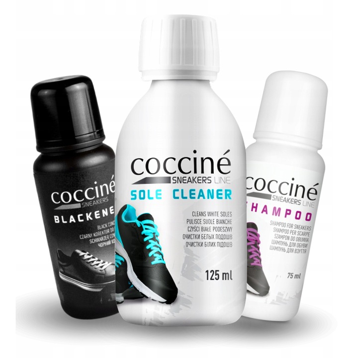 Set de ingrijire a incaltamintei, Coccine, Blackener + Solutie de curatare a talpilor + Sampon pentru incaltaminte, 75g + 125ml + 75ml, Corector si renovator de culoare, Solutie de curatare a talpilor, Sampon pentru incaltaminte, Multicolor, Set de 3