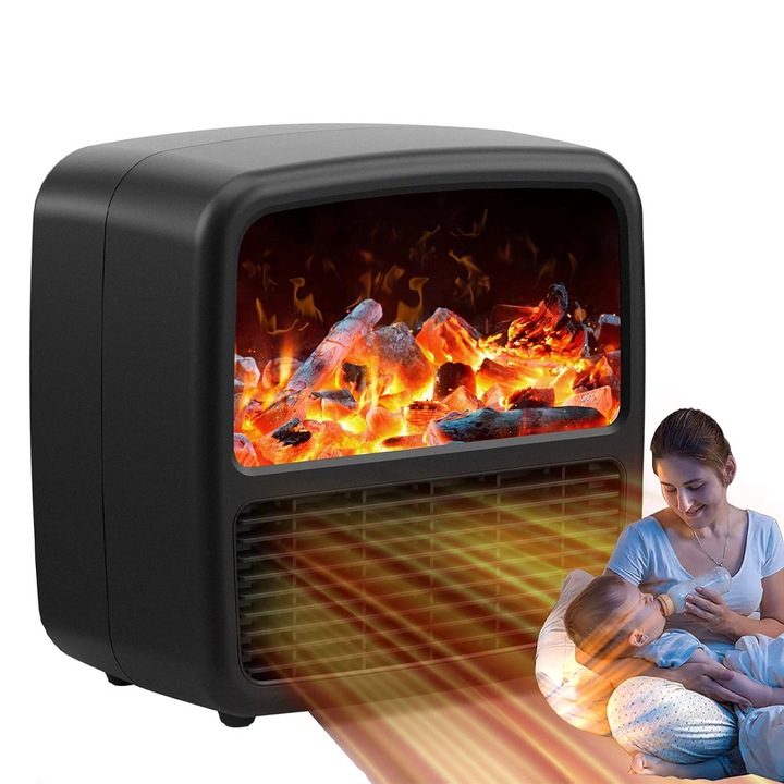 Aeroterma Compacta, 1500W, cu Display LCD Flacara, Oprire Automata, Portabila si Silentioasa, 22 x 22 x 15 cm, Negru