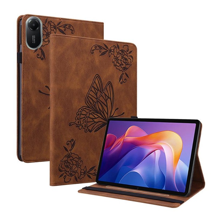 Tabletok tok Redmi Pad 2 / Redmi Pad SE 11 2025-höz, pillangós virág mintával, dombornyomott bőr, barna