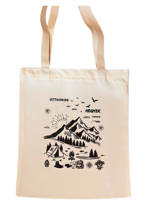 Vászontáska cipzárral, fekete fogantyúval, hegyek magyar nyelvű szöveggel