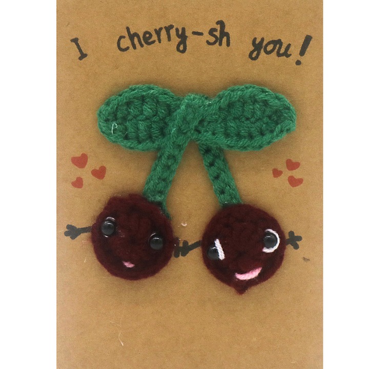 Felicitare crosetata, aniversara, model cu cirese, mesaj I cherry-sh you