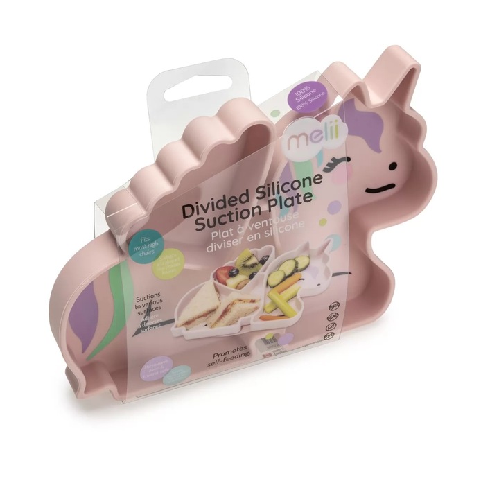 Melii szilikon rekeszes tányér tapadókoronggal, egyszarvú, könnyen tisztítható, 6 hónapos kortól
