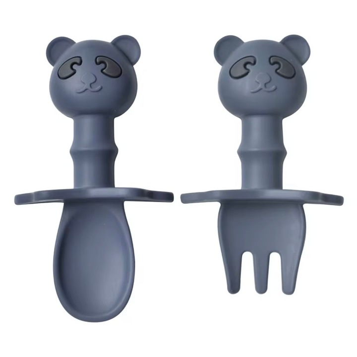 Set 2 tacamuri din silicon alimentar cu lingurita si furculita, pentru diversificare bebelusi 6+ luni