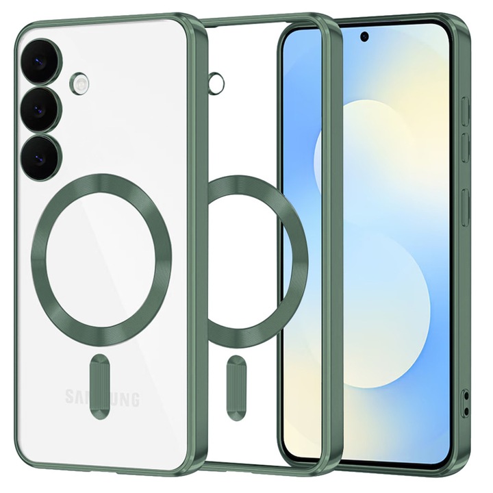 Carcasa pentru telefon, Luxury Crystal MagSafe, verde închis, compatibilă cu Samsung Galaxy S25 FE, protecție avansată pentru cameră