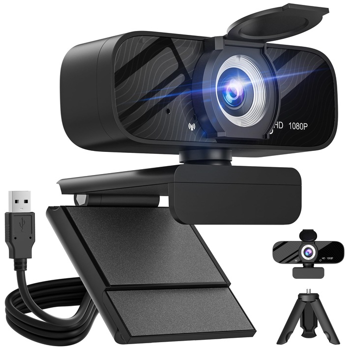 Webkamera Gohero Hd 1080P Mikrofonnal, Adatvédelmi Fedéllel, Széles Látószögű Objektívvel, Automatikus Fénykorrekcióval, USB Porttal PC-hez, Laptophoz, Mac-hez