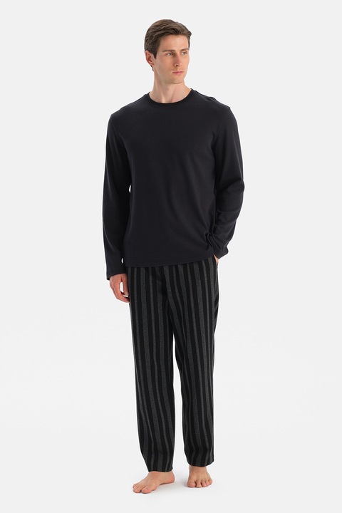 Dagi, Pijama lunga din bumbac cu buzunare, Negru/Gri inchis