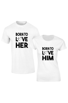 Set de 2 tricouri pentru cuplu albe Born to love , marimea S Set de 2 tricouri pentru cuplu albe Born to love , marimea S