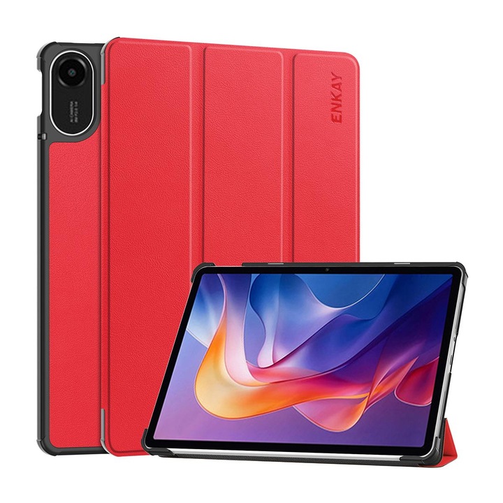 Калъф за таблет ENKAY за Xiaomi Redmi Pad 2, Трислоен, Текстура от кожа, Червен