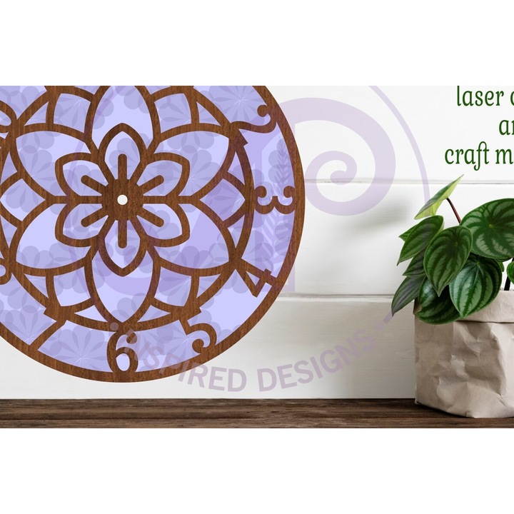 Ceas decorativ Intrahome, model cu flori, din plywood 3mm-4mm, 30x20cm, set cu fisiere taiate cu laser